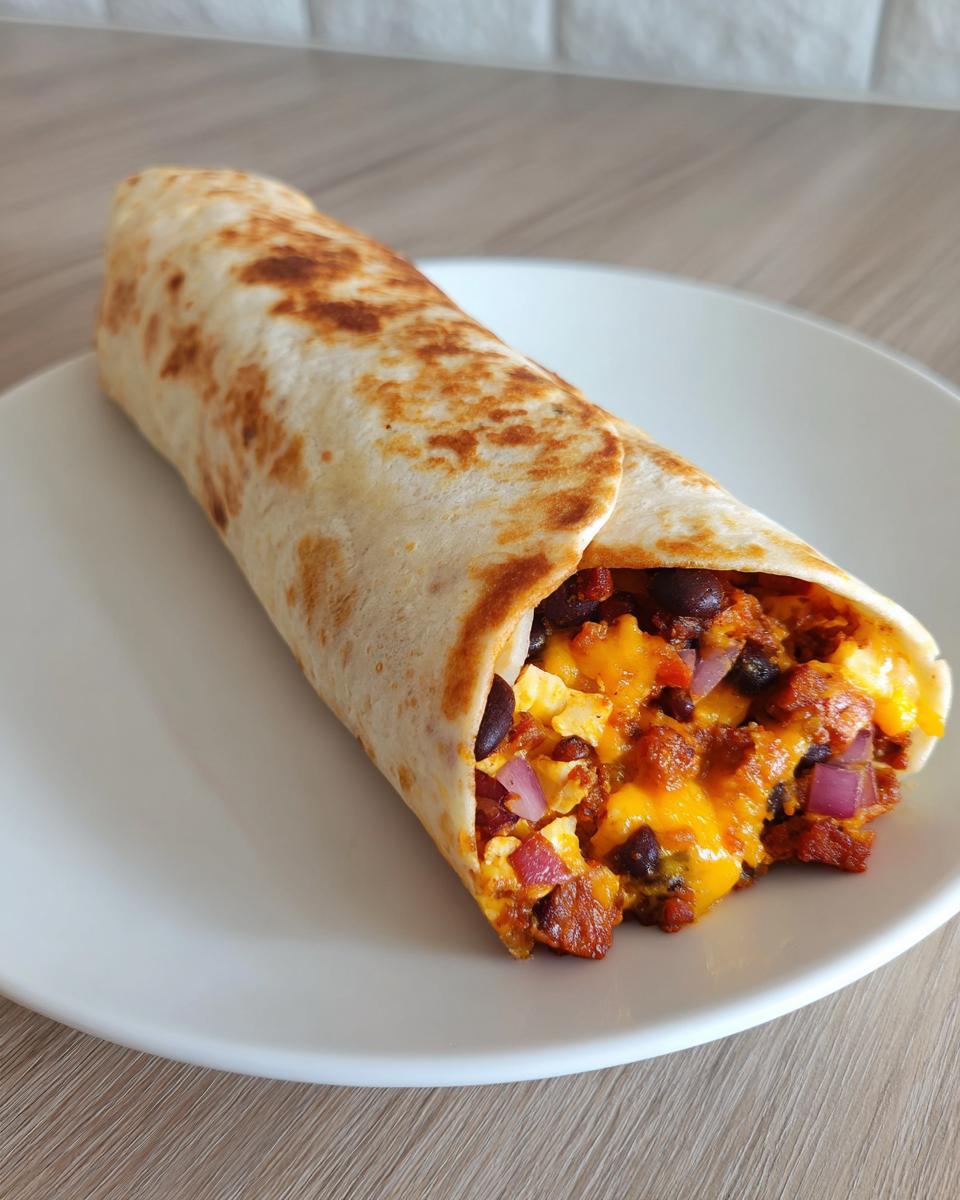 Ein perfekt gerollter Chorizo-Burrito, gefüllt mit geschmolzenem Käse, Bohnen und roten Zwiebeln, auf einem weißen Teller.