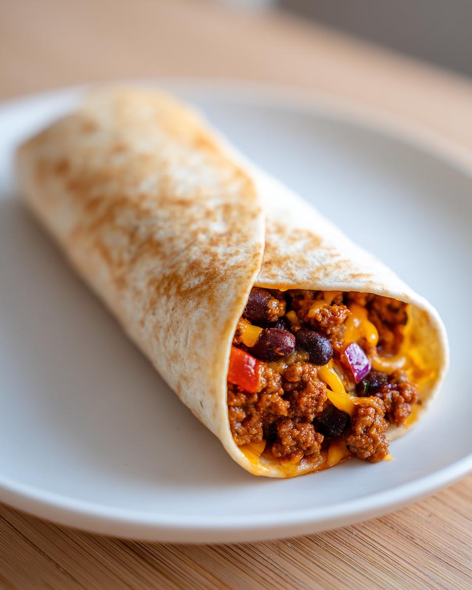 Nahaufnahme eines frisch gerollten Chorizo-Burrito, gefüllt mit würzigem Hackfleisch, schwarzen Bohnen und Käse.