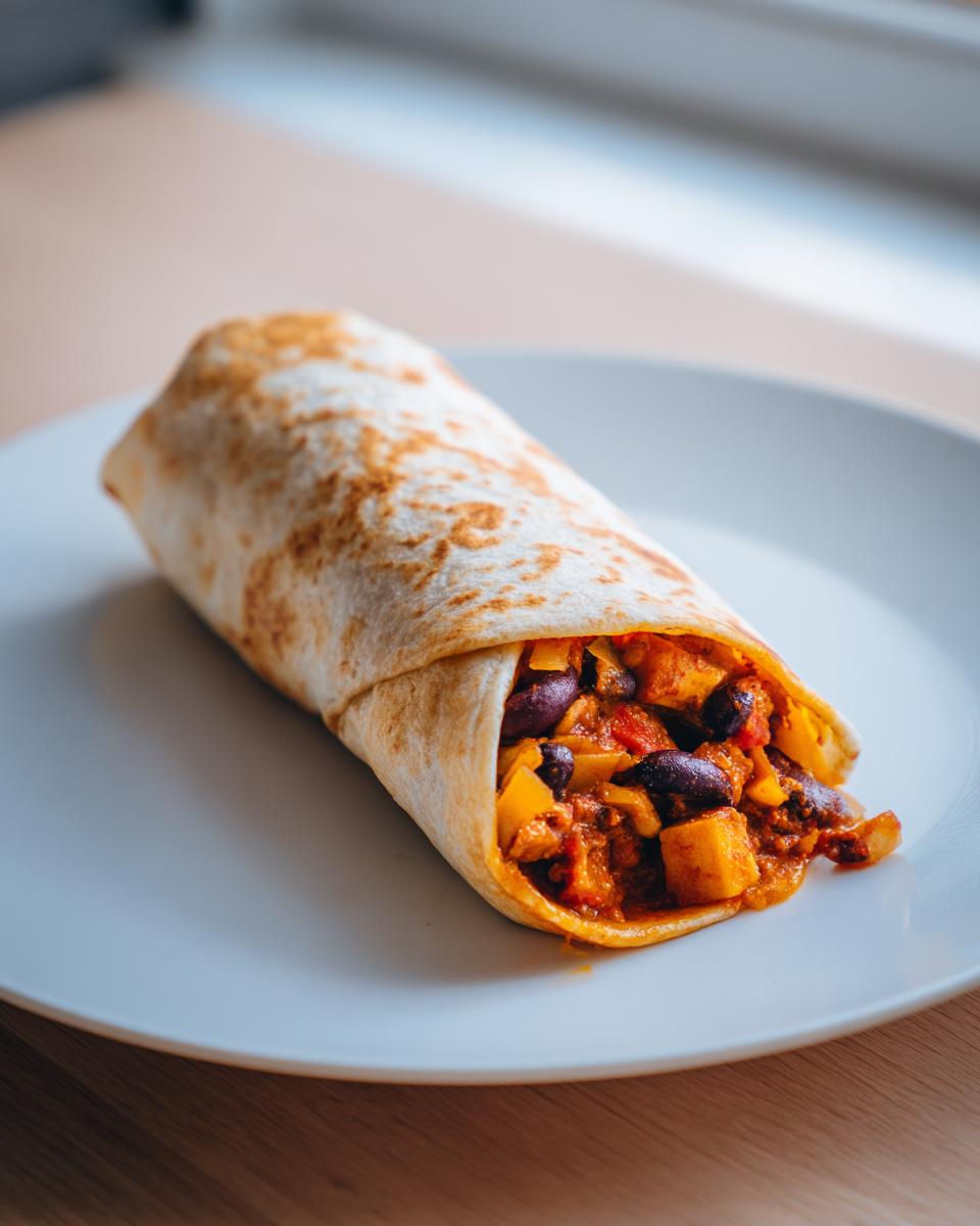 Ein fertig gerollter, goldbraun angebratener Chorizo-Burrito, gefüllt mit Bohnen und Gemüse, auf einem weißen Teller.