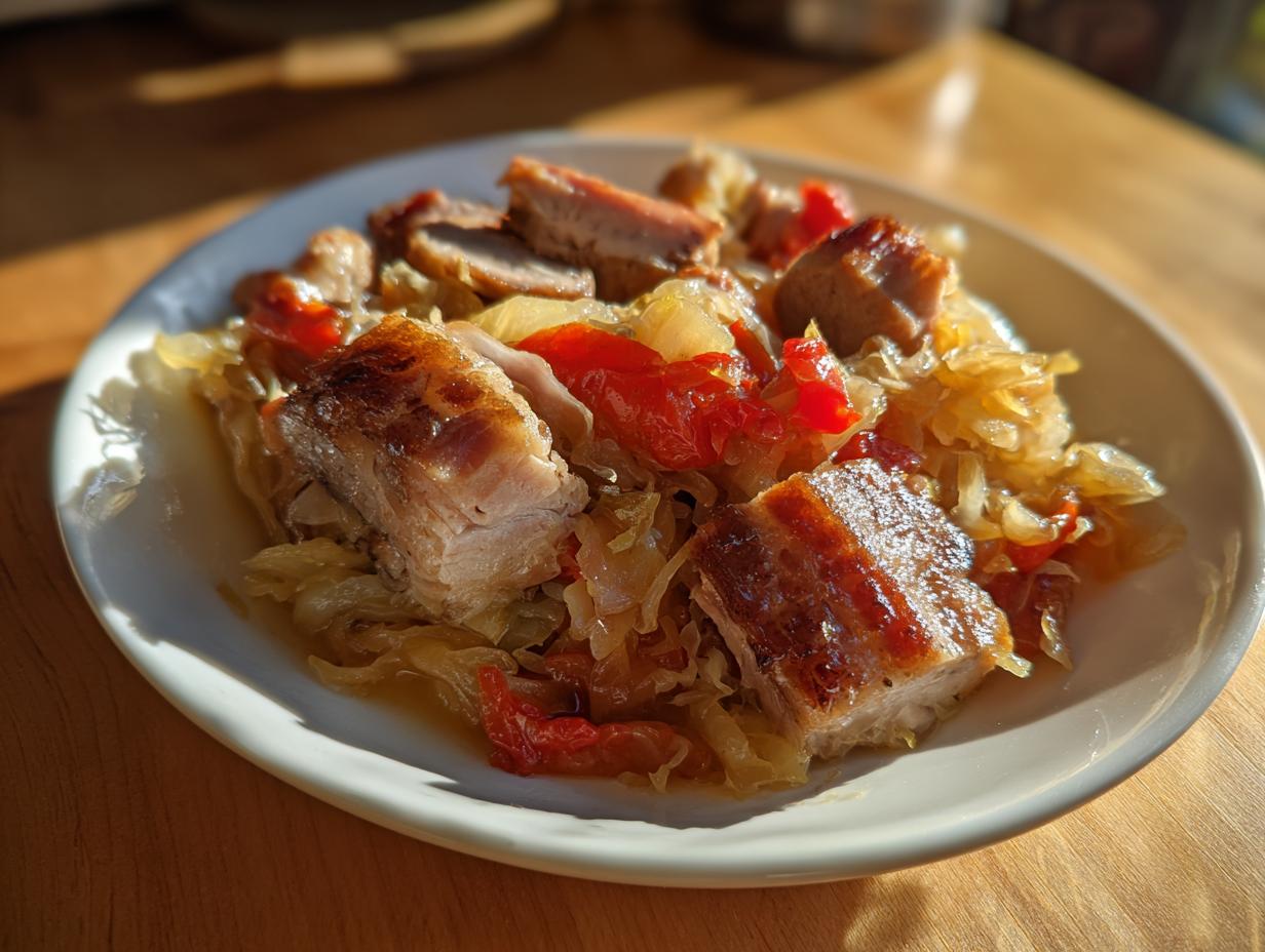 Nahaufnahme von Choucroute Garnie mit knusprigem Fleischstück auf einem weißen Teller.