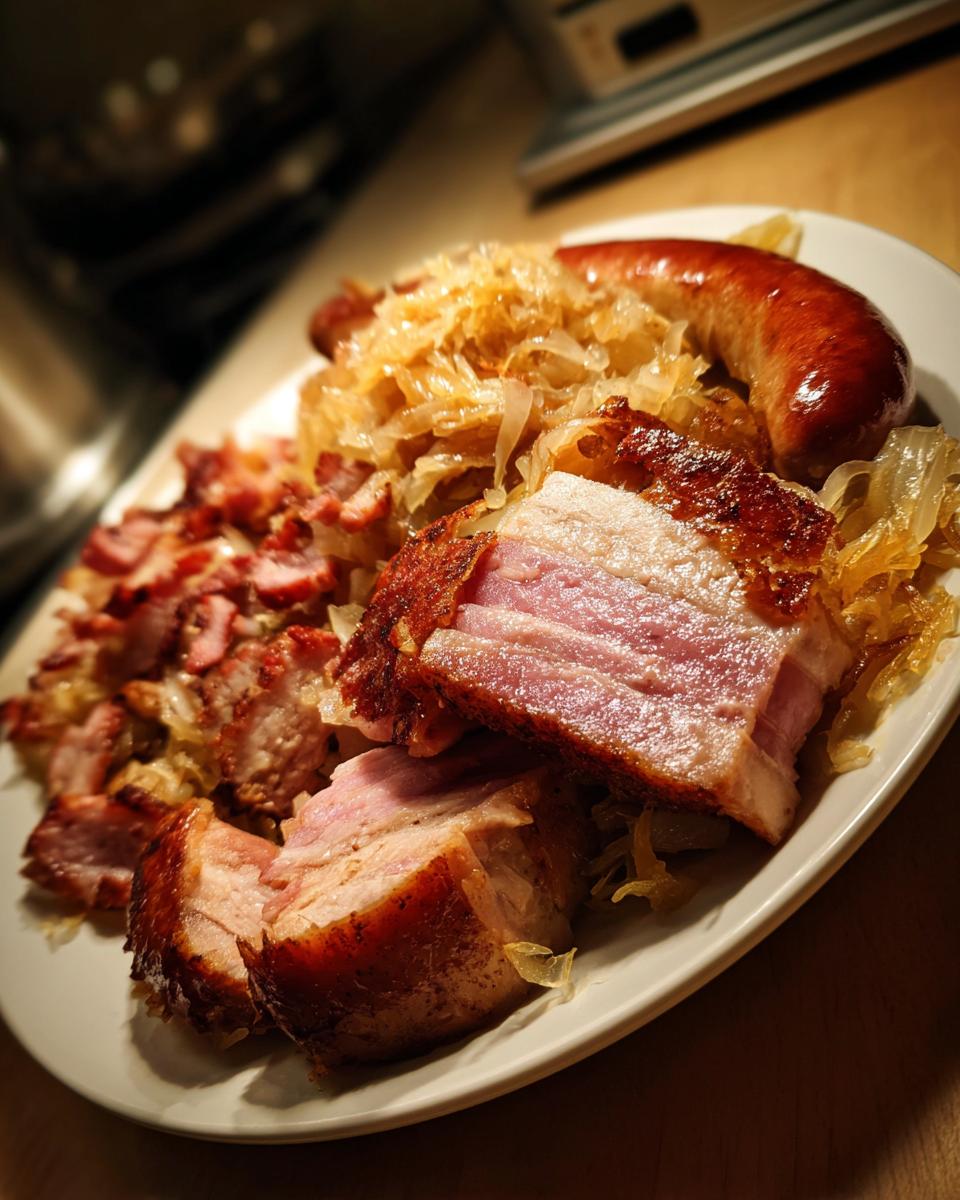 Ein Teller voller deftigem Choucroute Garnie (Elsässisches Sauerkraut) mit kross gebratenem Bauchfleisch und einer Wurst.