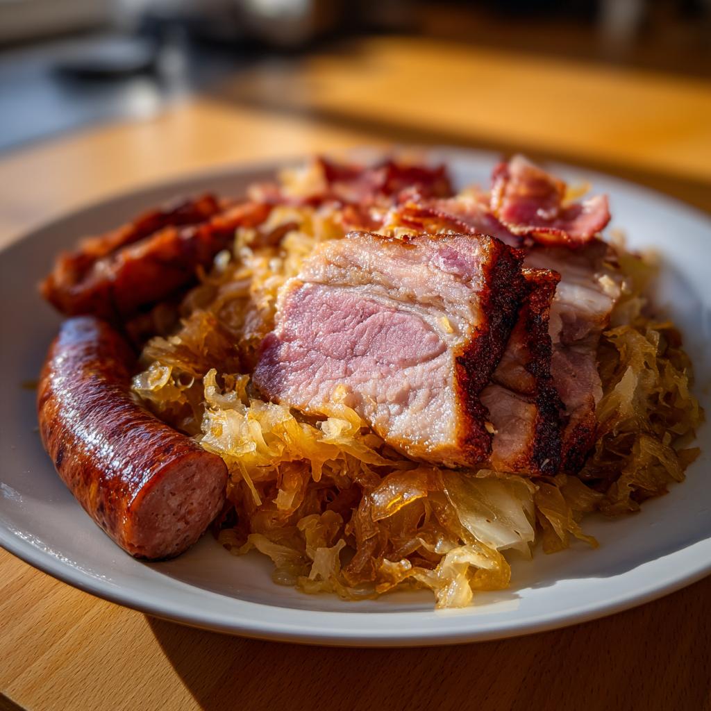 Nahaufnahme von Choucroute Garnie mit einem Stück Schweinebauch, Wurst und Speck auf Sauerkraut.
