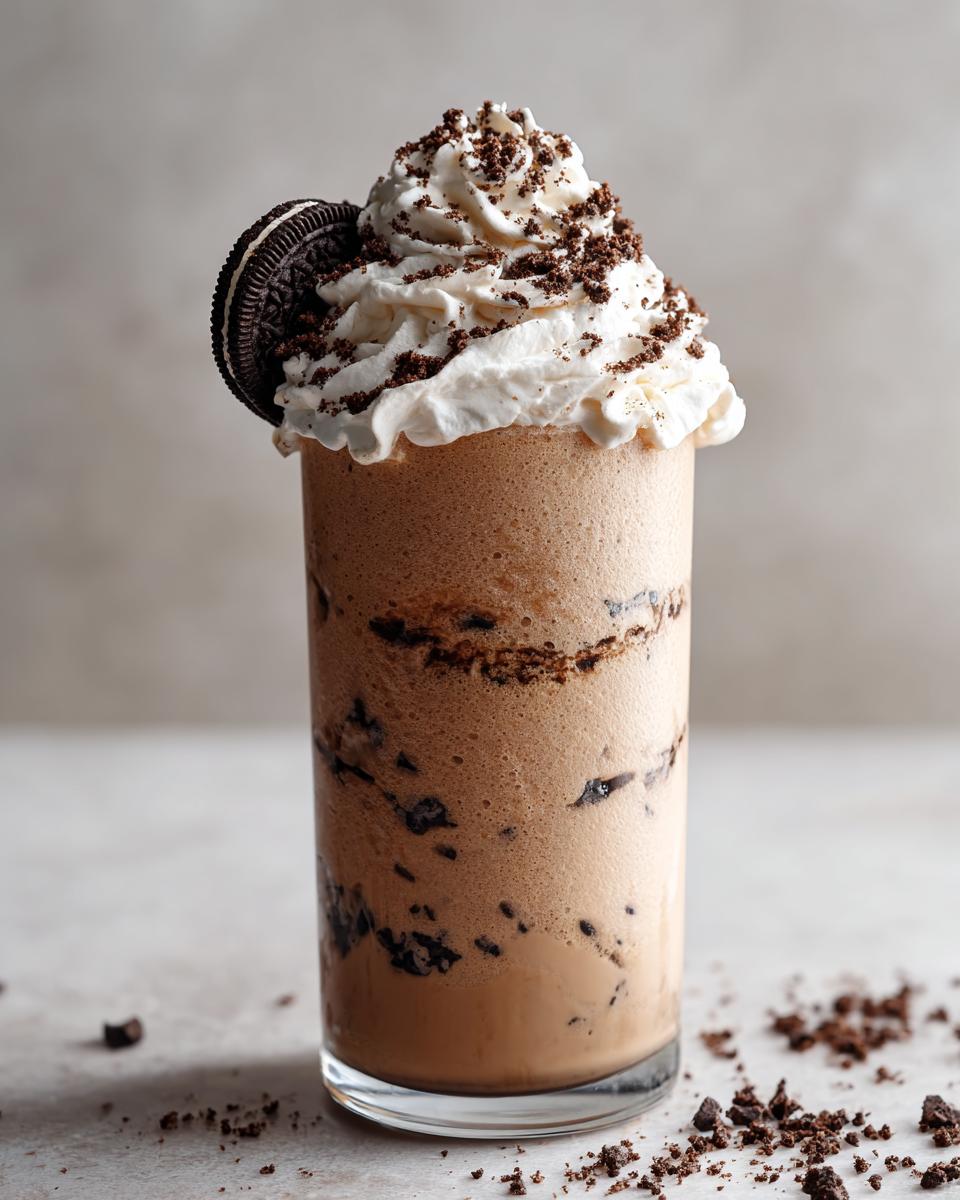 Ein hohes Glas mit einem cremigen Cookies & Cream Frappuccino, gekrönt mit Schlagsahne und Keksstückchen.