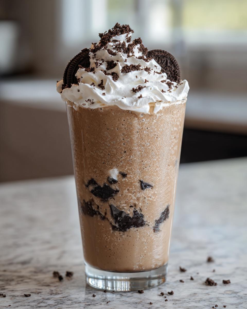 Ein hohes Glas mit einem cremigen Cookies & Cream Frappuccino, gekrönt mit Schlagsahne und Keksstücken.