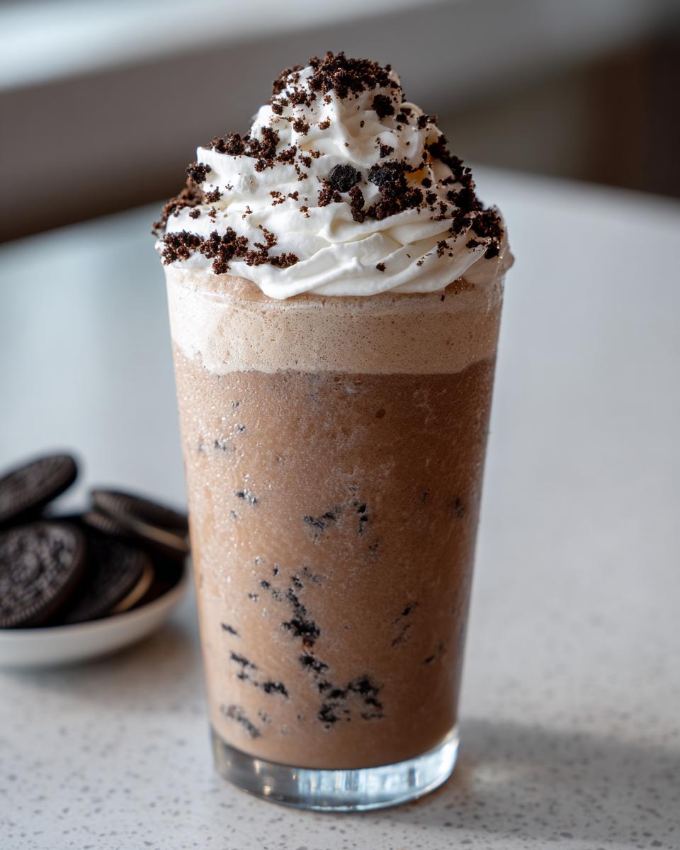Nahaufnahme eines hohen Glases mit cremigem Cookies & Cream Frappuccino, gekrönt mit Schlagsahne und Keksbröseln.