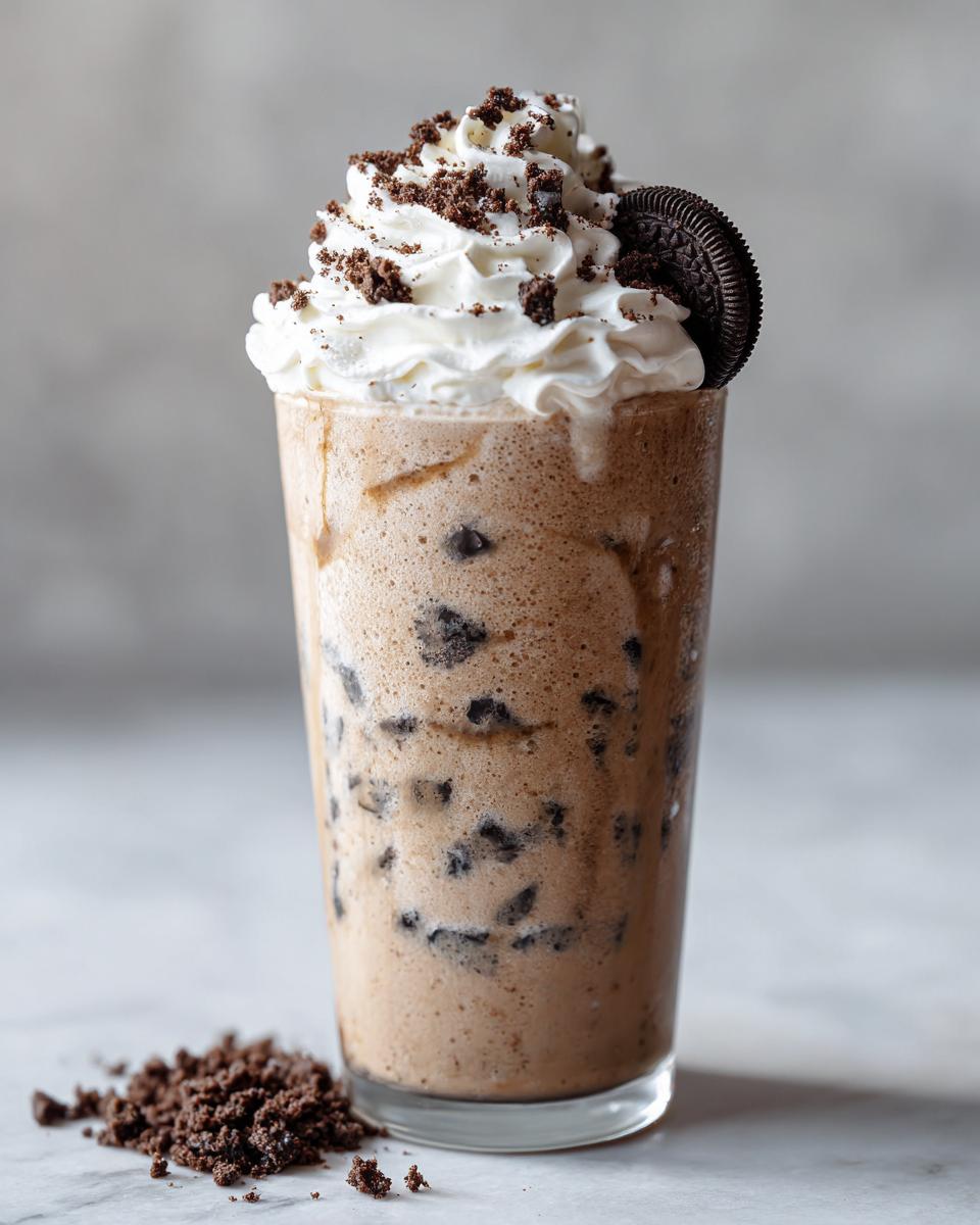 Ein hohes Glas mit einem cremigen Cookies & Cream Frappuccino, gekrönt mit Schlagsahne und Keksstückchen.