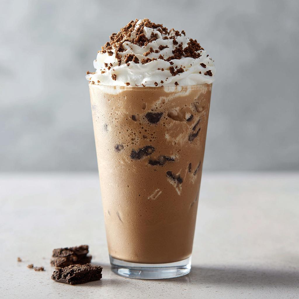 Ein hoher, kühler Cookies & Cream Frappuccino mit viel Sahne und Keksstückchen obenauf.