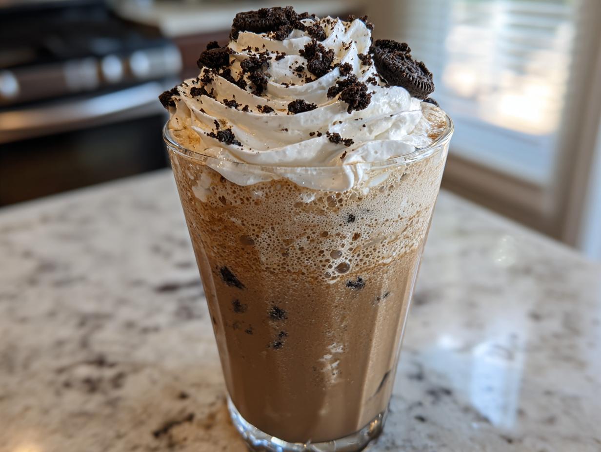 Ein hohes Glas mit einem cremigen Cookies & Cream Frappuccino, gekrönt mit Schlagsahne und zerbröselten Keksen.