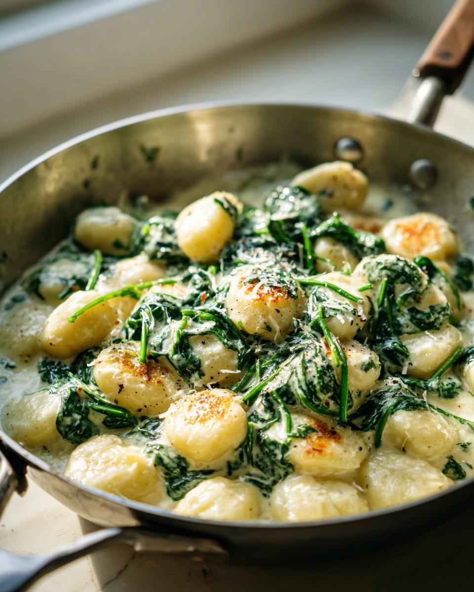 Nahaufnahme der Cremige Gnocchi-Pfanne mit Spinat und Knoblauch in einer Pfanne, üppig bedeckt mit cremiger Soße.