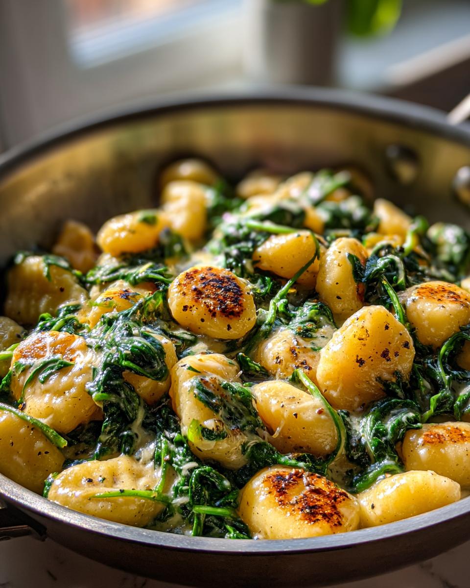 Nahaufnahme einer cremigen Gnocchi-Pfanne mit Spinat und gebräunten Gnocchi.
