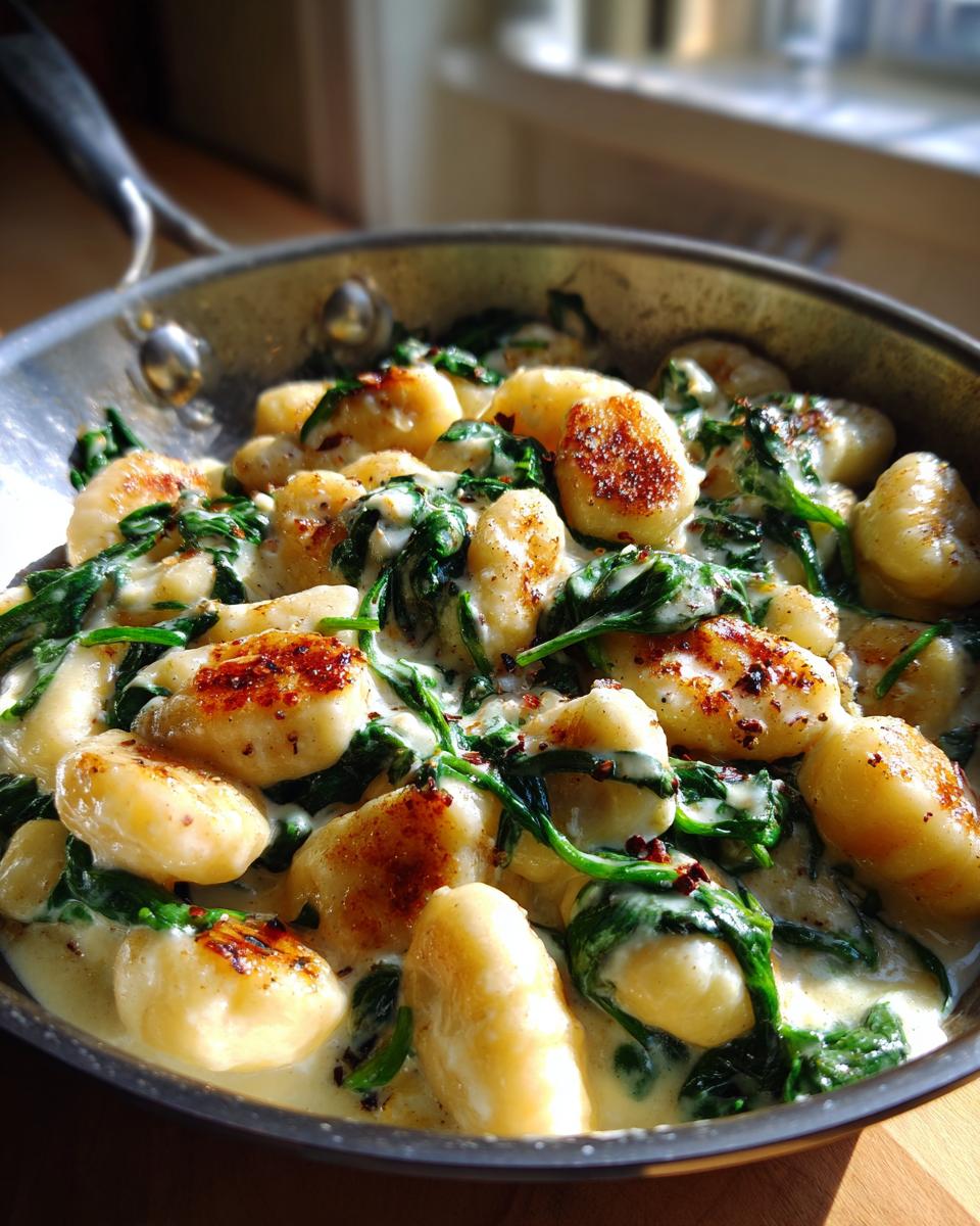 Goldbraun gebratene Gnocchi mit frischem Spinat in cremiger Soße in einer Pfanne – Cremige Gnocchi-Pfanne mit Spinat und Knoblauch.