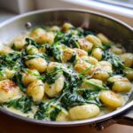 Nahaufnahme einer Cremige Gnocchi-Pfanne mit Spinat und Knoblauch in einer Pfanne, goldbraun gebraten.