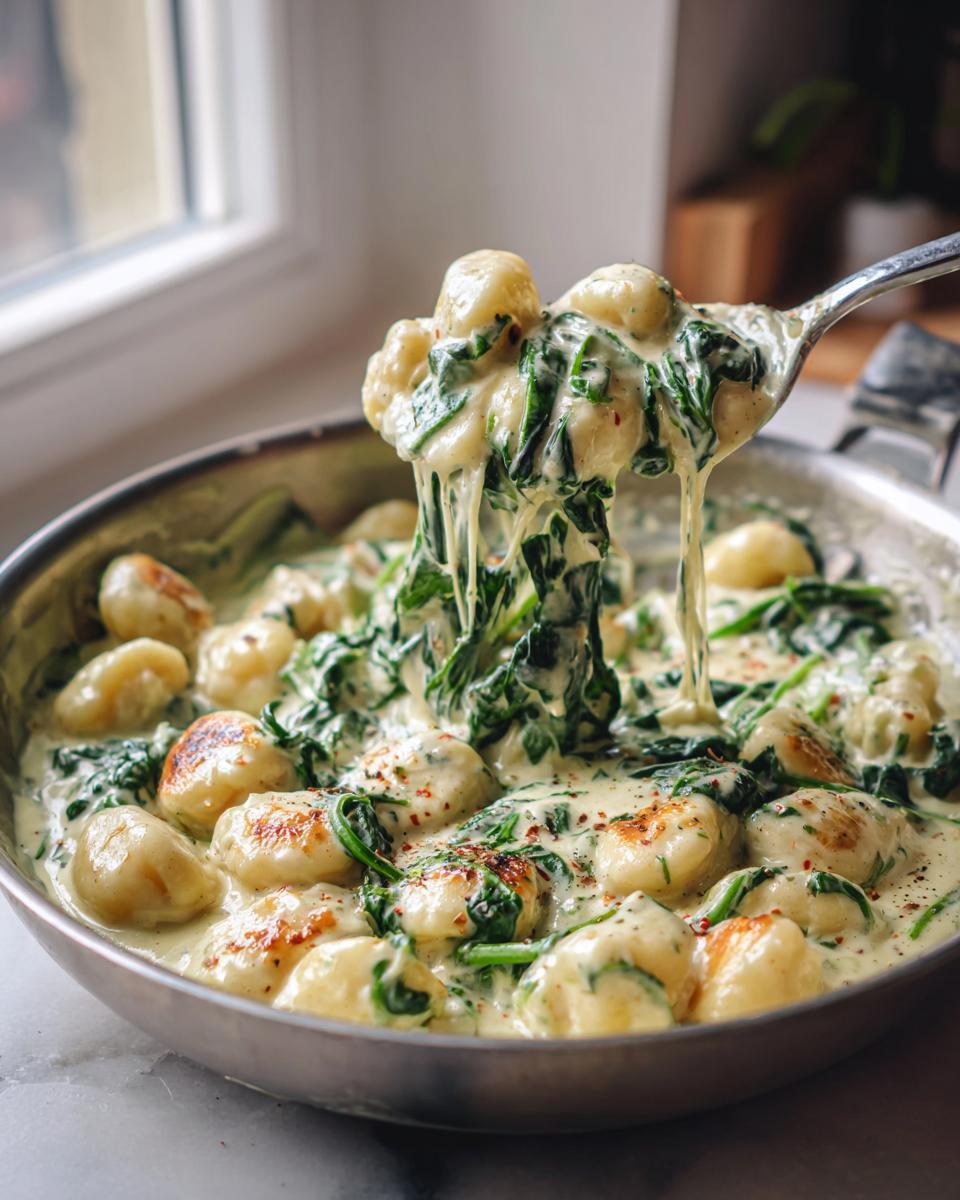 Löffel voller Cremige Gnocchi-Pfanne mit Spinat und Knoblauch, die Fäden zieht.
