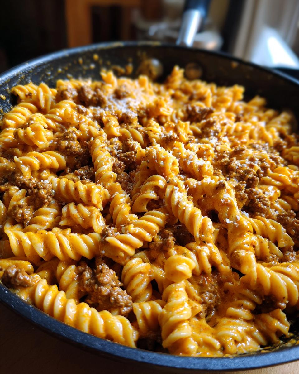 Nahaufnahme der fertigen Cremige Gyros-Hackfleisch-Pfanne mit Nudeln, üppig bedeckt mit cremiger Soße und Hackfleisch.