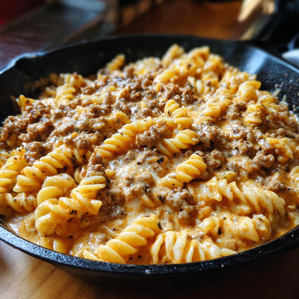 Nahaufnahme einer Cremige Gyros-Hackfleisch-Pfanne mit Nudeln, üppig bedeckt mit cremiger Soße und Hackfleisch.
