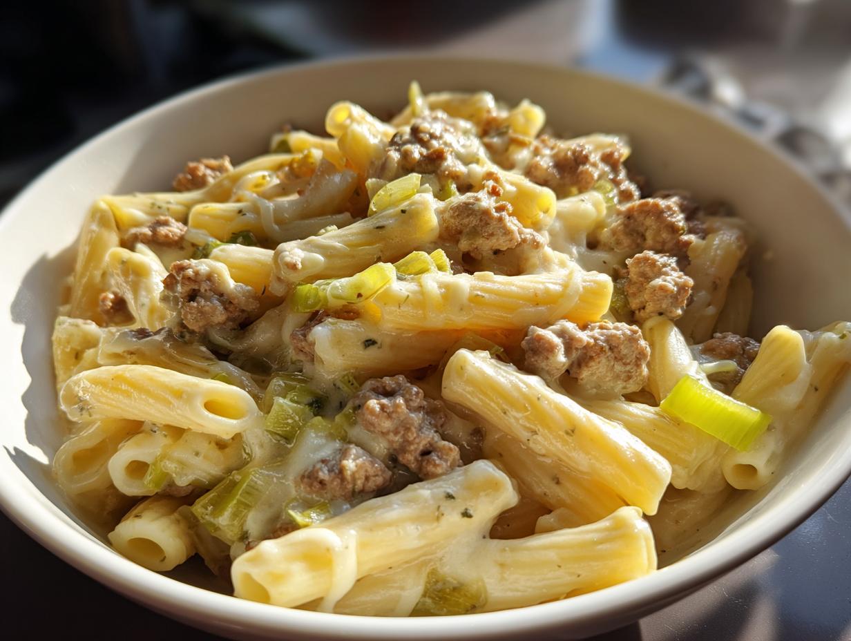 Cremige Käse-Lauch-Hack-Pasta in 35 Min fertig