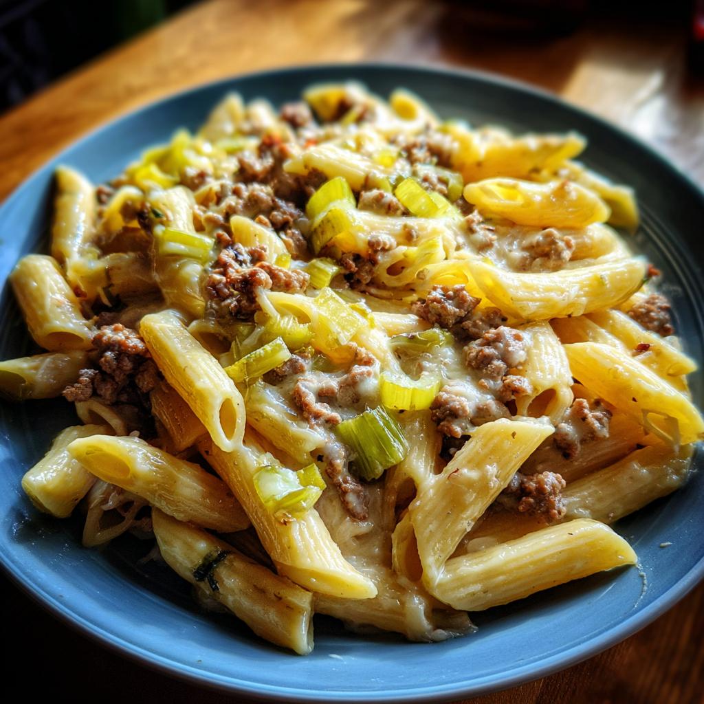 Nahaufnahme von Cremige Käse-Lauch-Hack-Pasta mit Penne, Hackfleisch und Lauchstücken in cremiger Käsesauce.