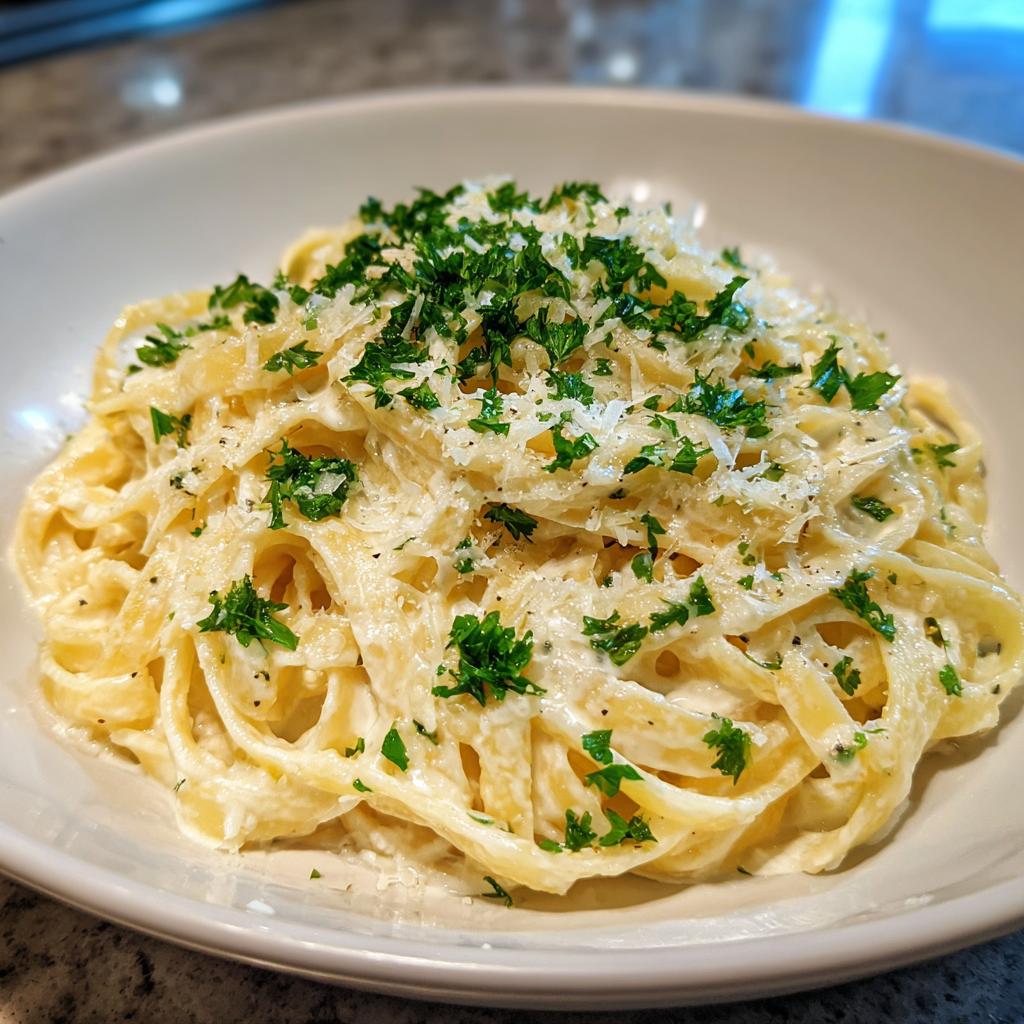 Nahaufnahme von üppiger Cremige Knoblauch-Parmesan-Pasta, garniert mit frisch geriebenem Parmesan und Petersilie.