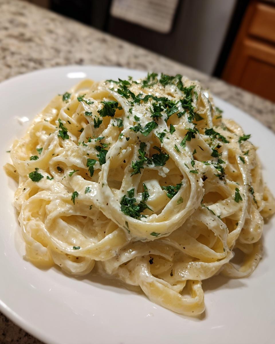 Nahaufnahme von cremiger Knoblauch-Parmesan-Pasta, garniert mit frischer Petersilie und Pfeffer.