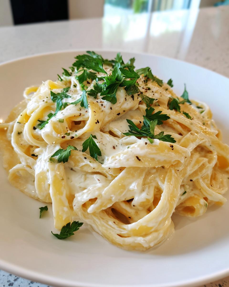 Eine Nahaufnahme von cremiger Knoblauch-Parmesan-Pasta, garniert mit frischer Petersilie und schwarzem Pfeffer.