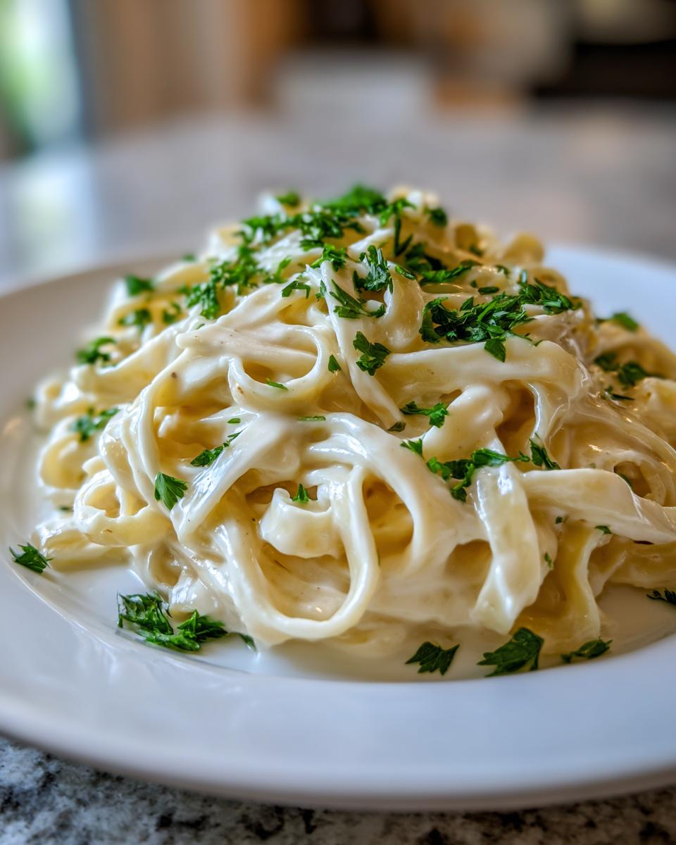 Nahaufnahme von cremiger Knoblauch-Parmesan-Pasta, garniert mit frischer Petersilie auf einem weißen Teller.