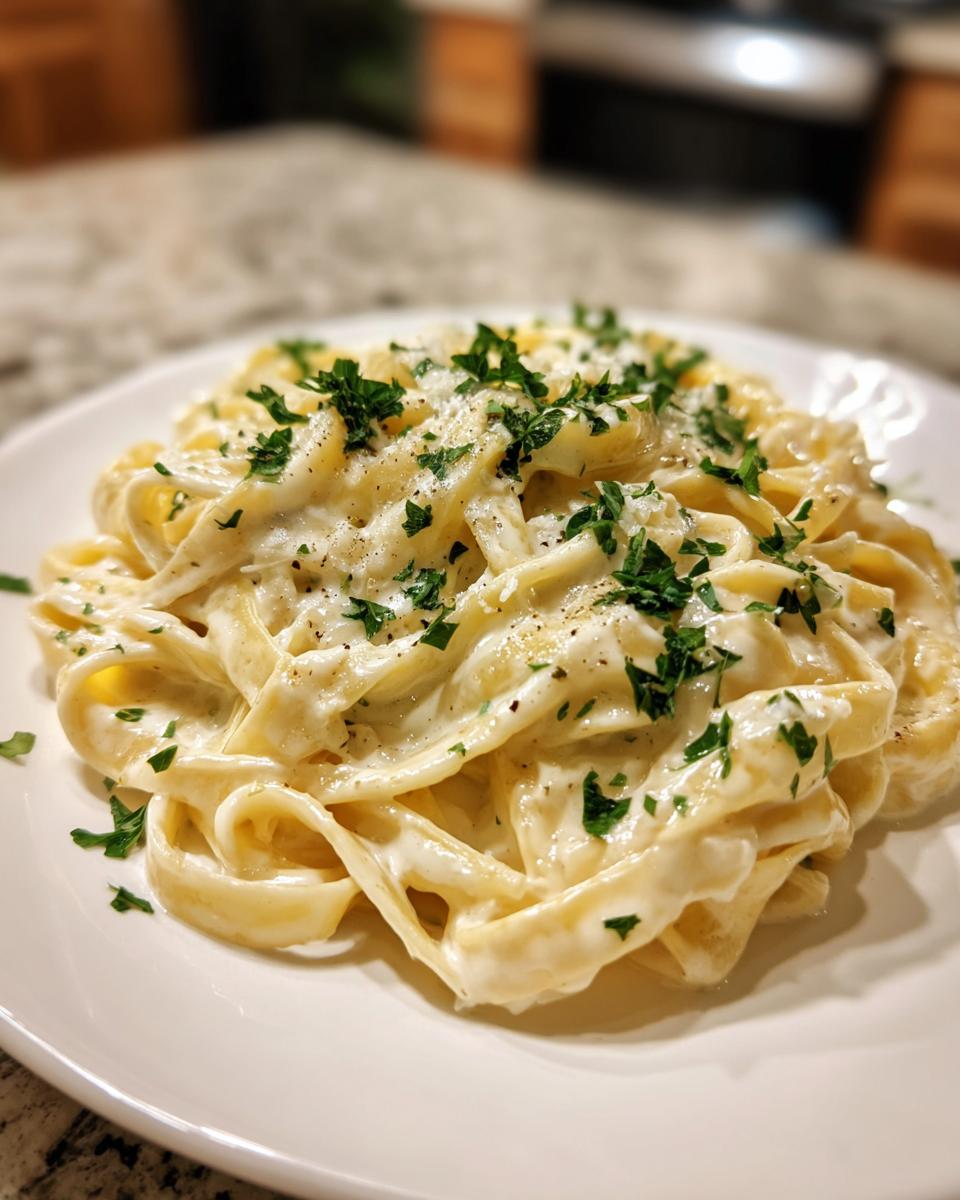 Nahaufnahme von cremiger Knoblauch-Parmesan-Pasta (Fettuccine) mit Petersilie und Pfeffer.