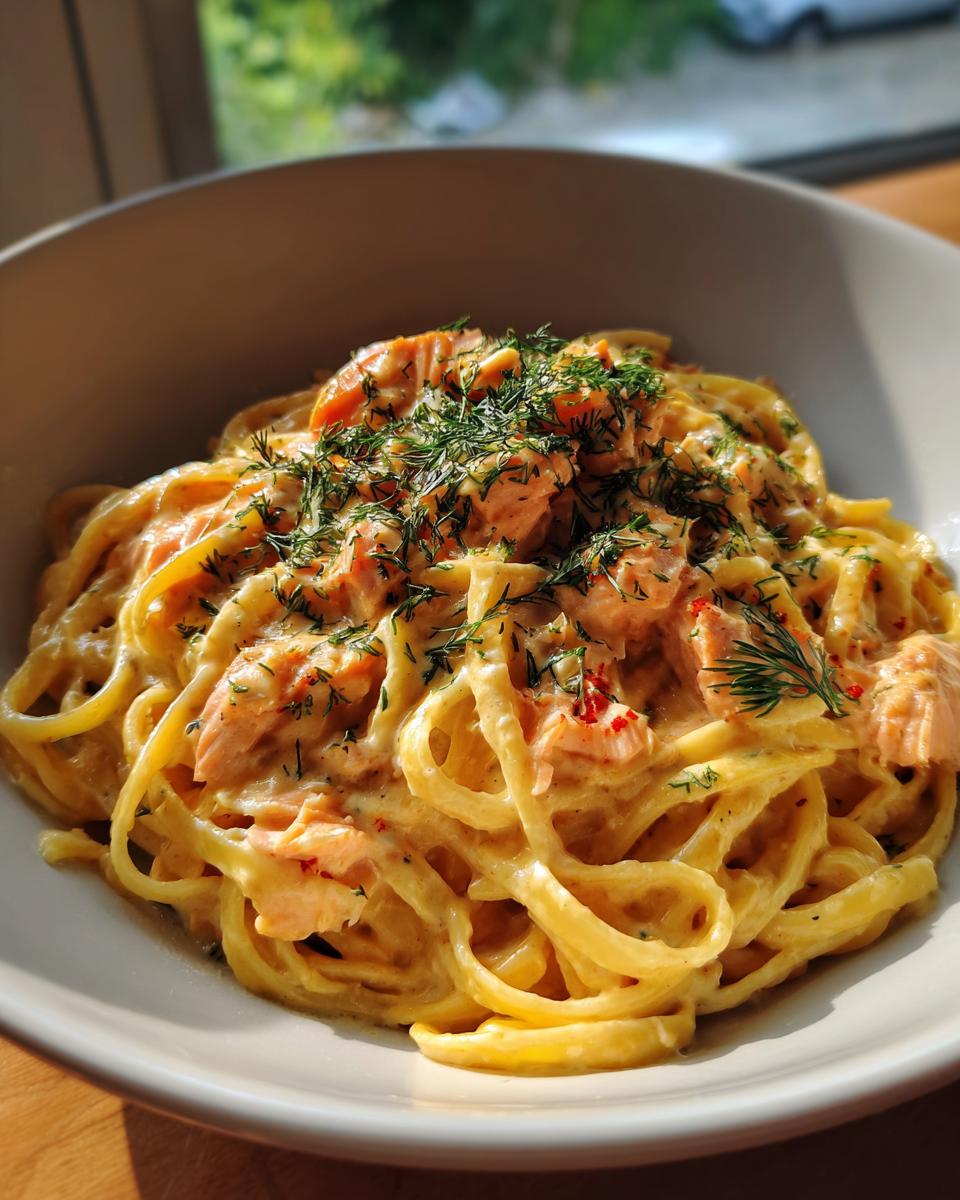 Nahaufnahme von cremiger Lachs-Sahne-Pasta, garniert mit frischem Dill und Lachsstückchen.
