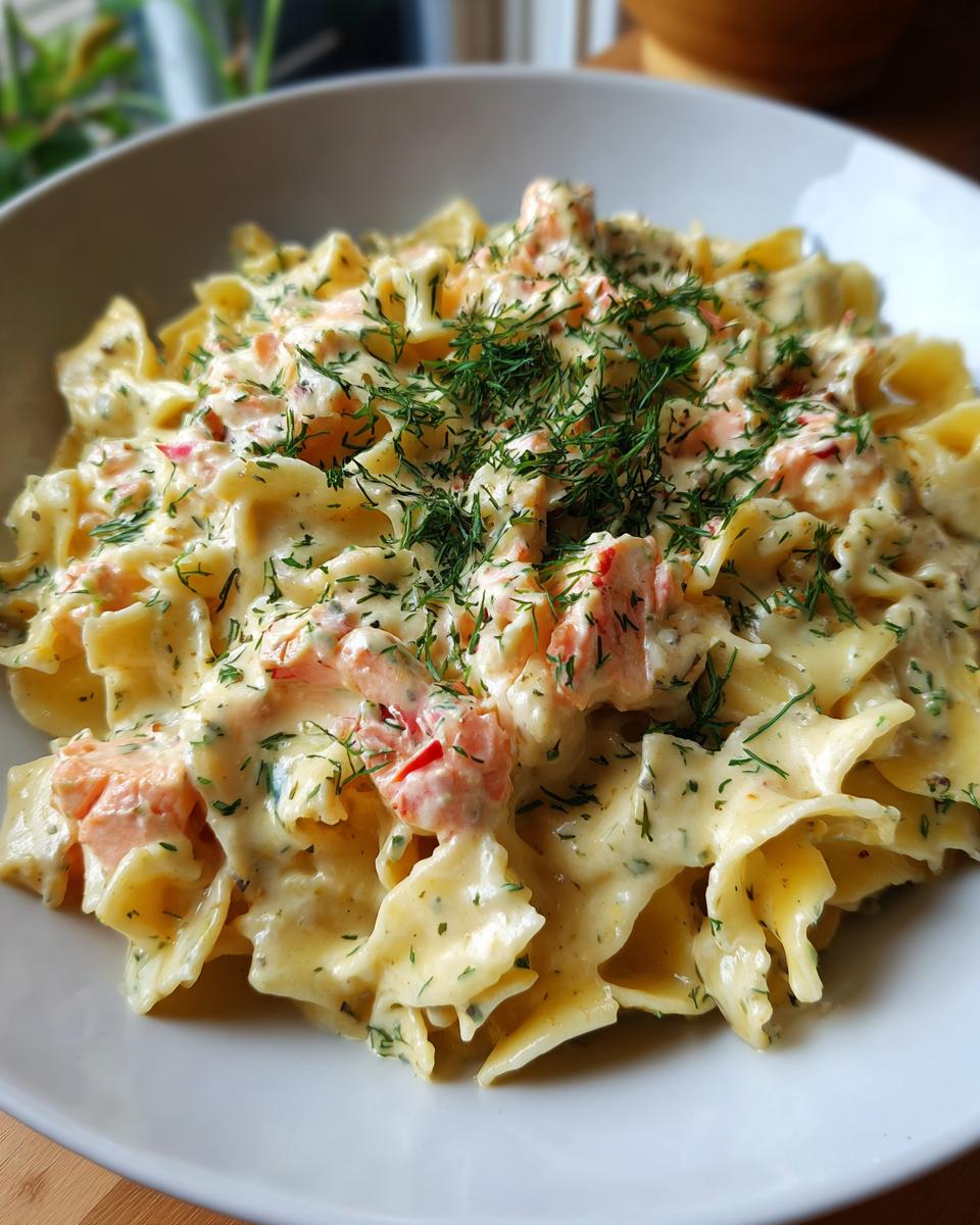 Nahaufnahme einer Portion Cremige Lachs-Sahne-Pasta mit Schleifchennudeln und viel frischem Dill garniert.