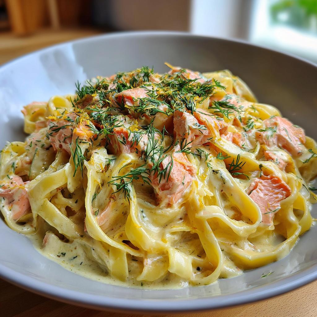 Nahaufnahme von Cremige Lachs-Sahne-Pasta mit breiten Bandnudeln in cremiger Soße, belegt mit Lachs und frischem Dill.