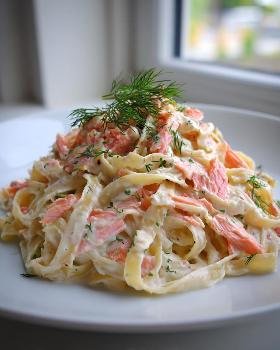 Ein Teller mit cremiger Lachspasta (Bandnudeln mit Lachs) garniert mit viel frischem Dill.