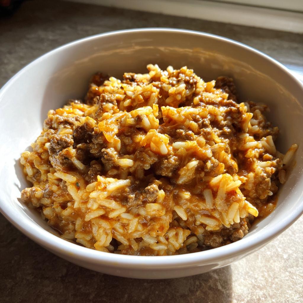 Nahaufnahme einer weißen Schale mit cremiger Paprika-Hack-Reispfanne ohne Paprikastückchen.