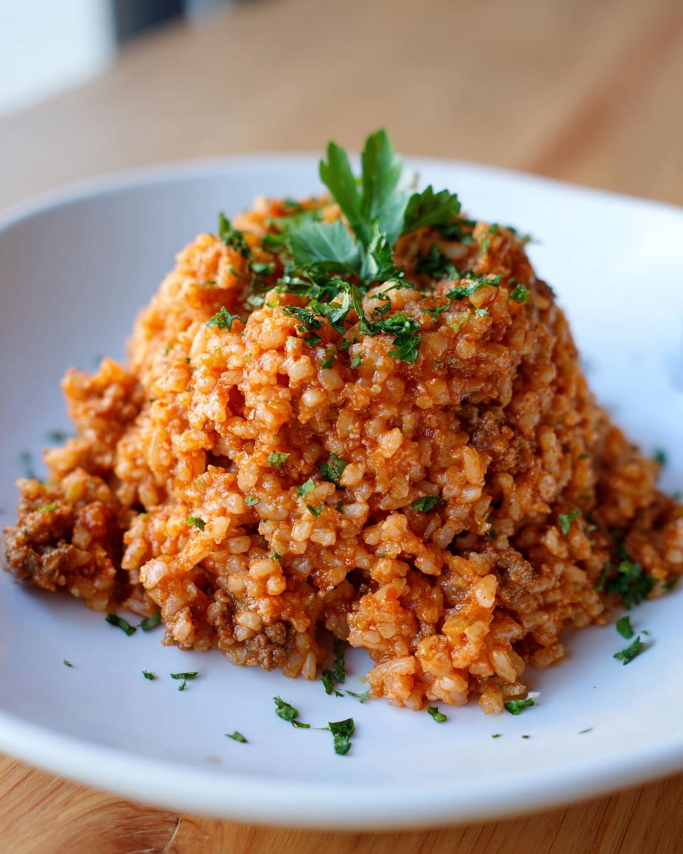 Nahaufnahme der Cremige Tomaten-Hack-Reispfanne, appetitlich aufgetürmt und mit Petersilie garniert.
