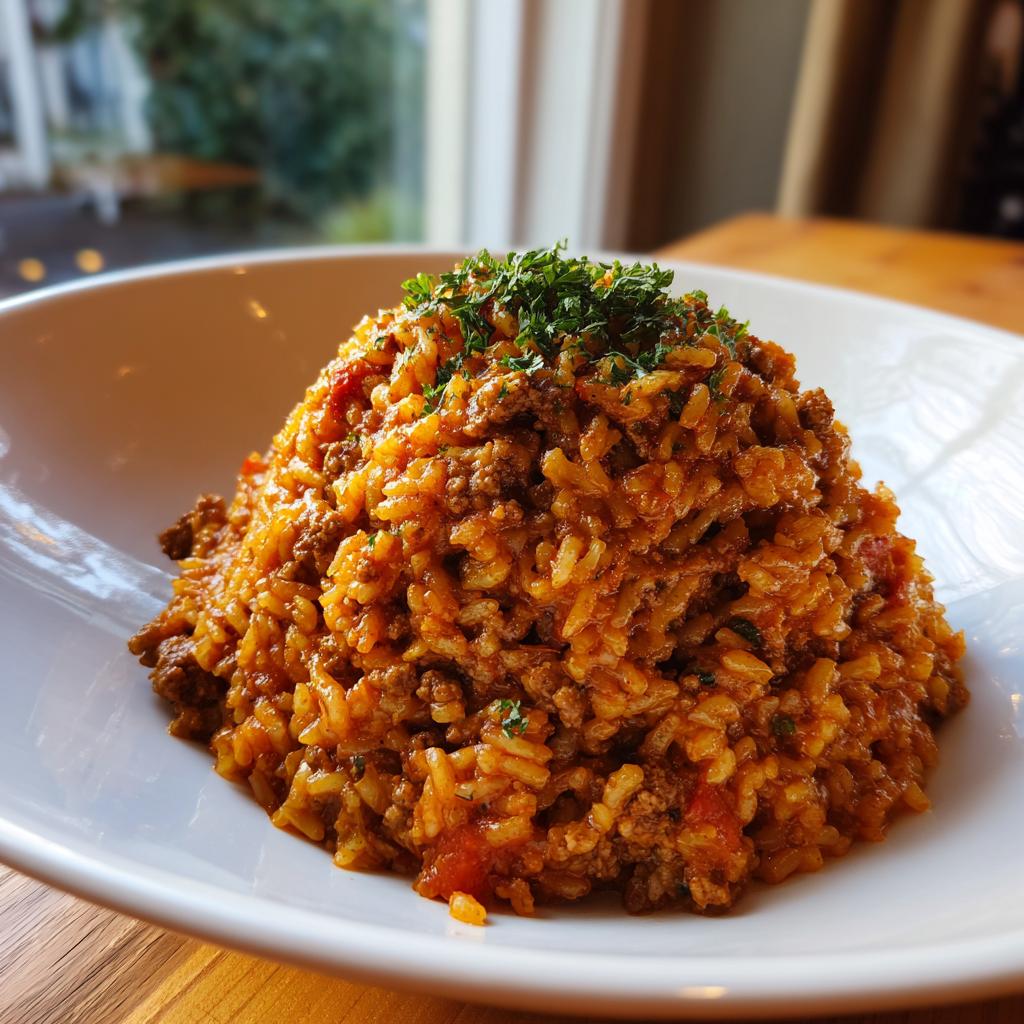 Ein Berg cremige Tomaten-Hack-Reispfanne, garniert mit frischer Petersilie, in einer weißen Schüssel.