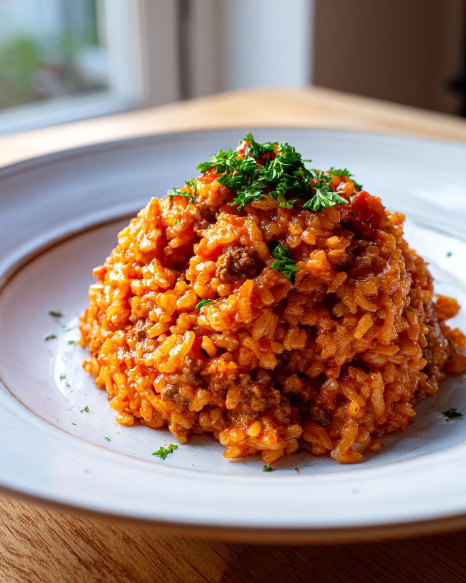 Ein Teller mit einer Portion cremiger Tomaten-Hack-Reispfanne, garniert mit frischer Petersilie.
