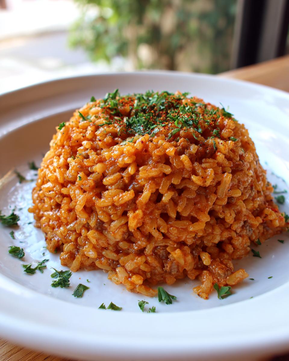 Ein Teller mit einer Portion cremiger Tomaten-Hack-Reispfanne, garniert mit frischer Petersilie.