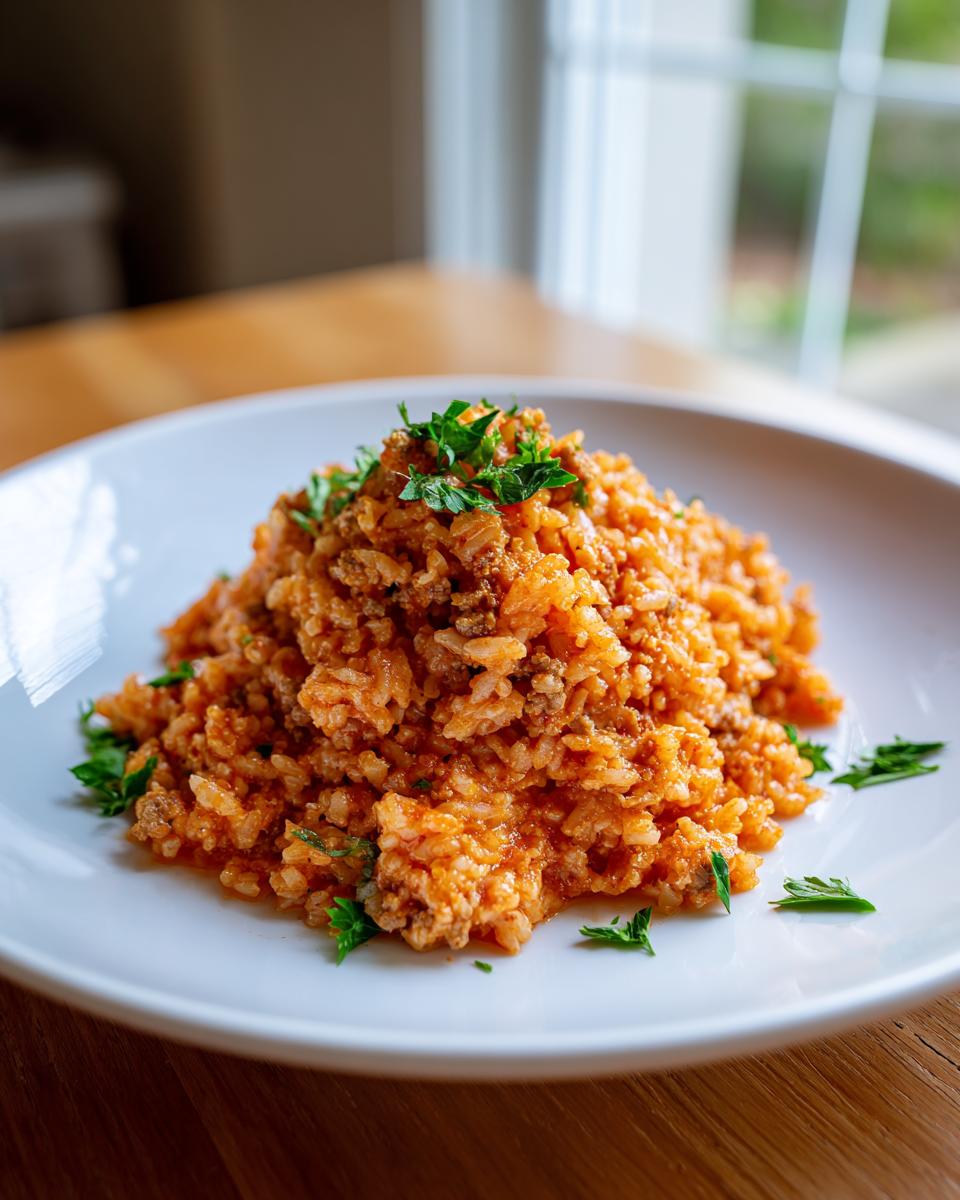Ein Teller mit der fertigen Cremige Tomaten-Hack-Reispfanne, garniert mit frischer Petersilie.