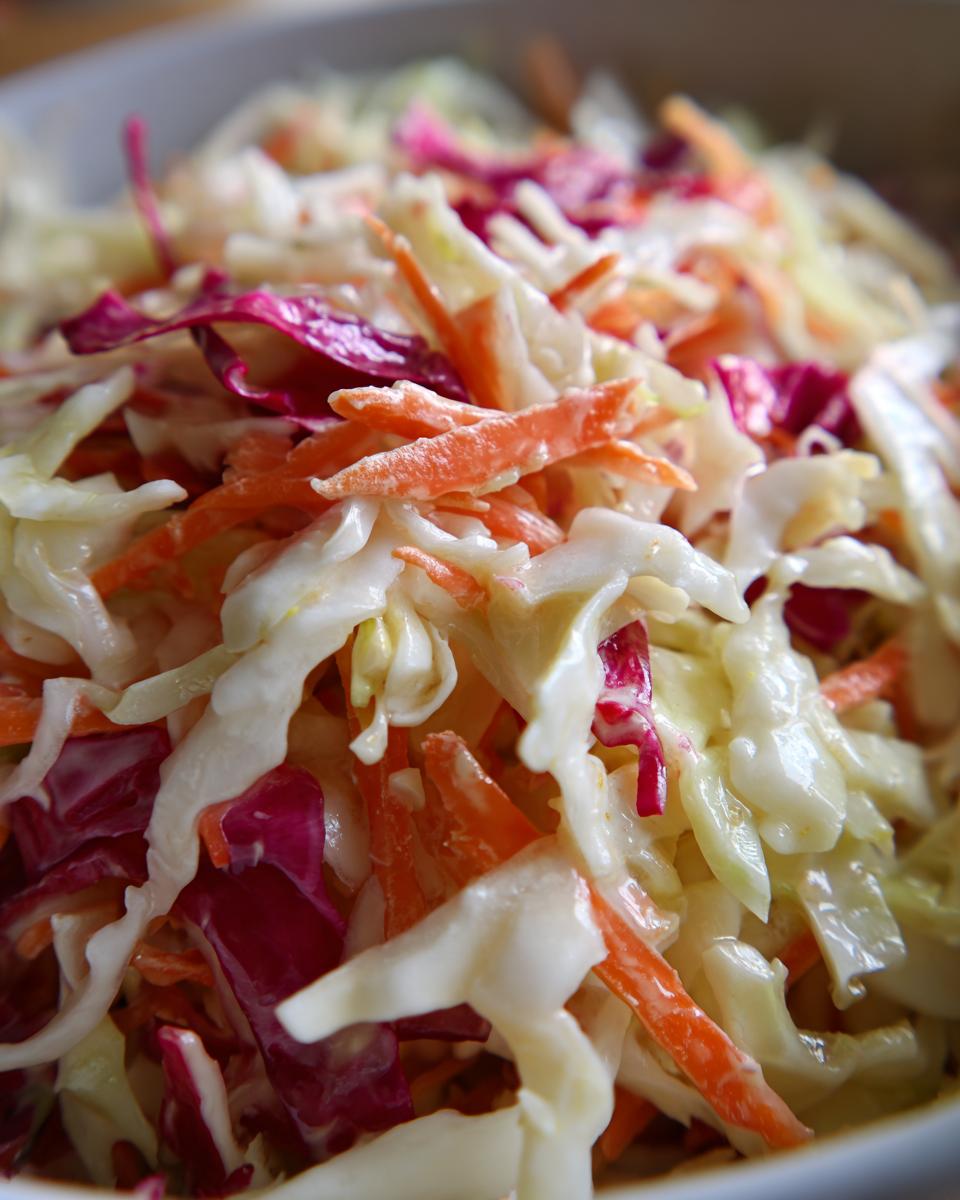 Nahaufnahme von cremigem Amerikanischer Krautsalat mit Weißkohl, Rotkohlstreifen und geraspelten Karotten.