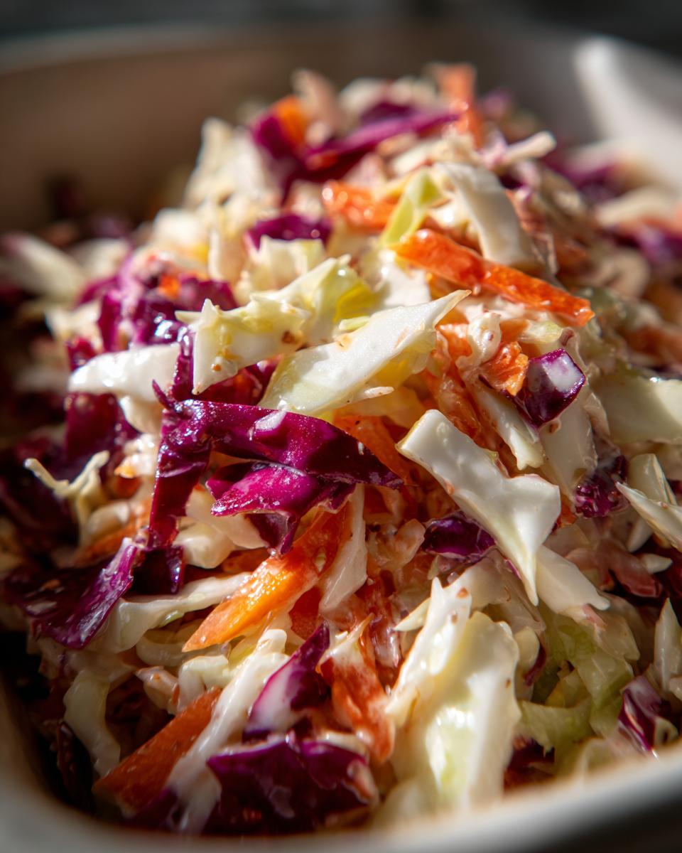 Nahaufnahme von cremigem Amerikanischer Krautsalat mit lila und weißem Kohl sowie Karottenstreifen.