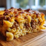 Nahaufnahme eines saftigen Stücks Cremiger Rahmnudel-Hack-Auflauf mit Gouda auf einem Holzbrett.