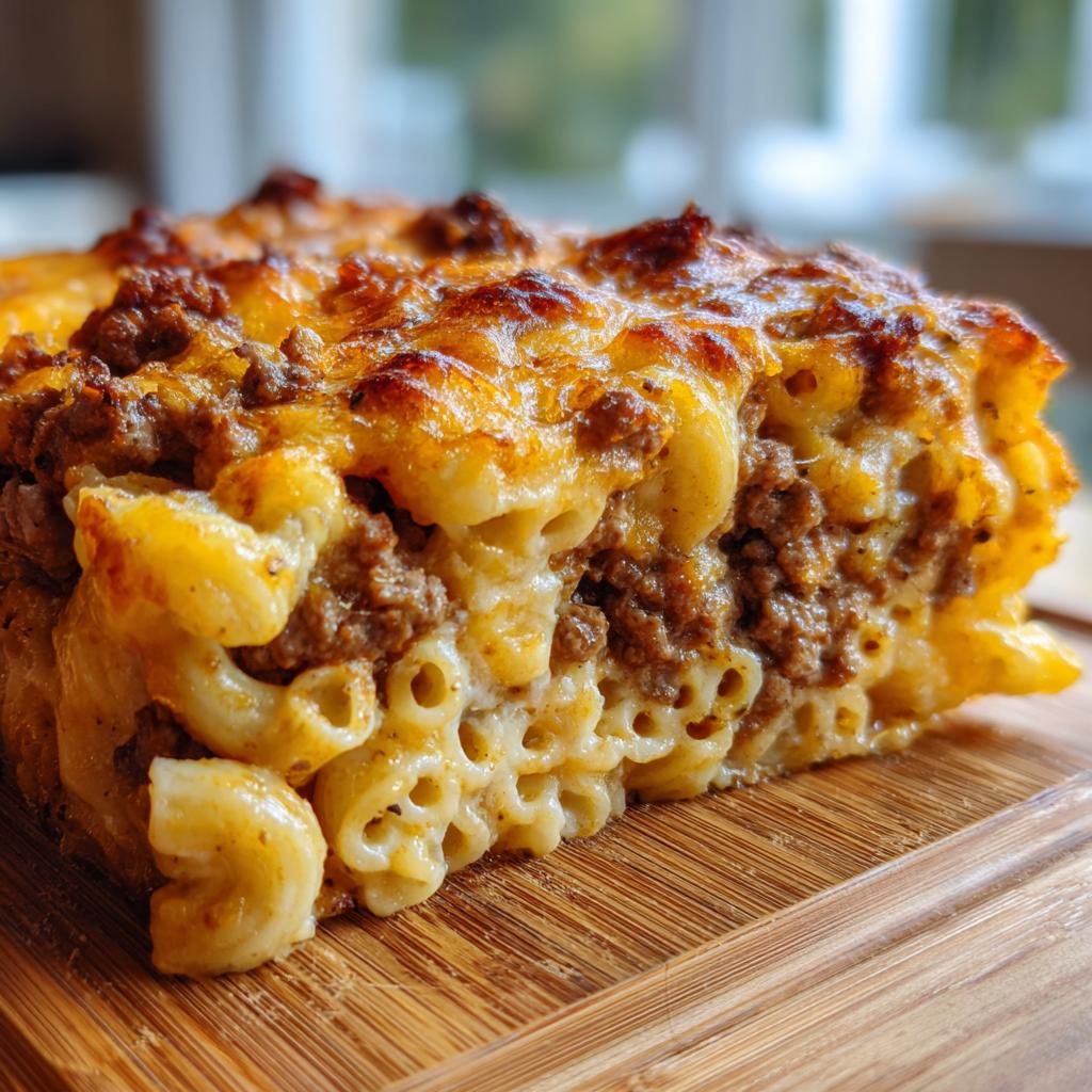 Nahaufnahme eines saftigen Stücks Cremiger Rahmnudel-Hack-Auflauf mit Gouda auf einem Holzbrett.