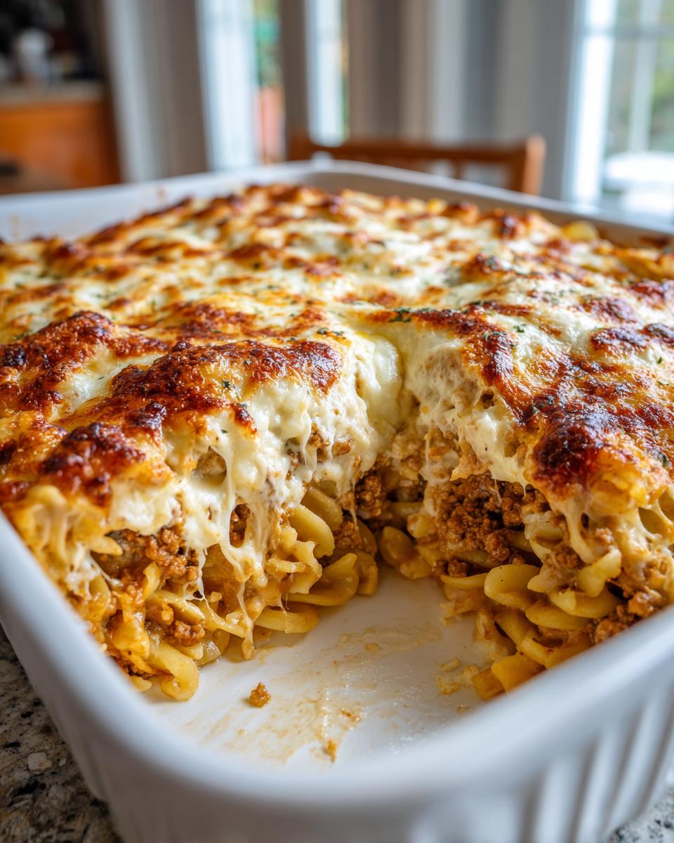 Ein Anschnitt des cremigen Rahmnudel-Hack-Auflaufs mit Gouda, der eine goldbraune Käsekruste zeigt.