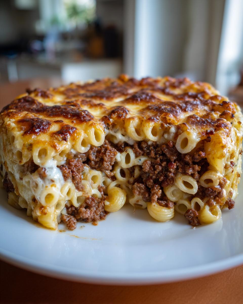 Ein Stück cremiger Rahmnudel-Hack-Auflauf mit goldbraun überbackener Gouda-Kruste, angeschnitten auf einem weißen Teller.