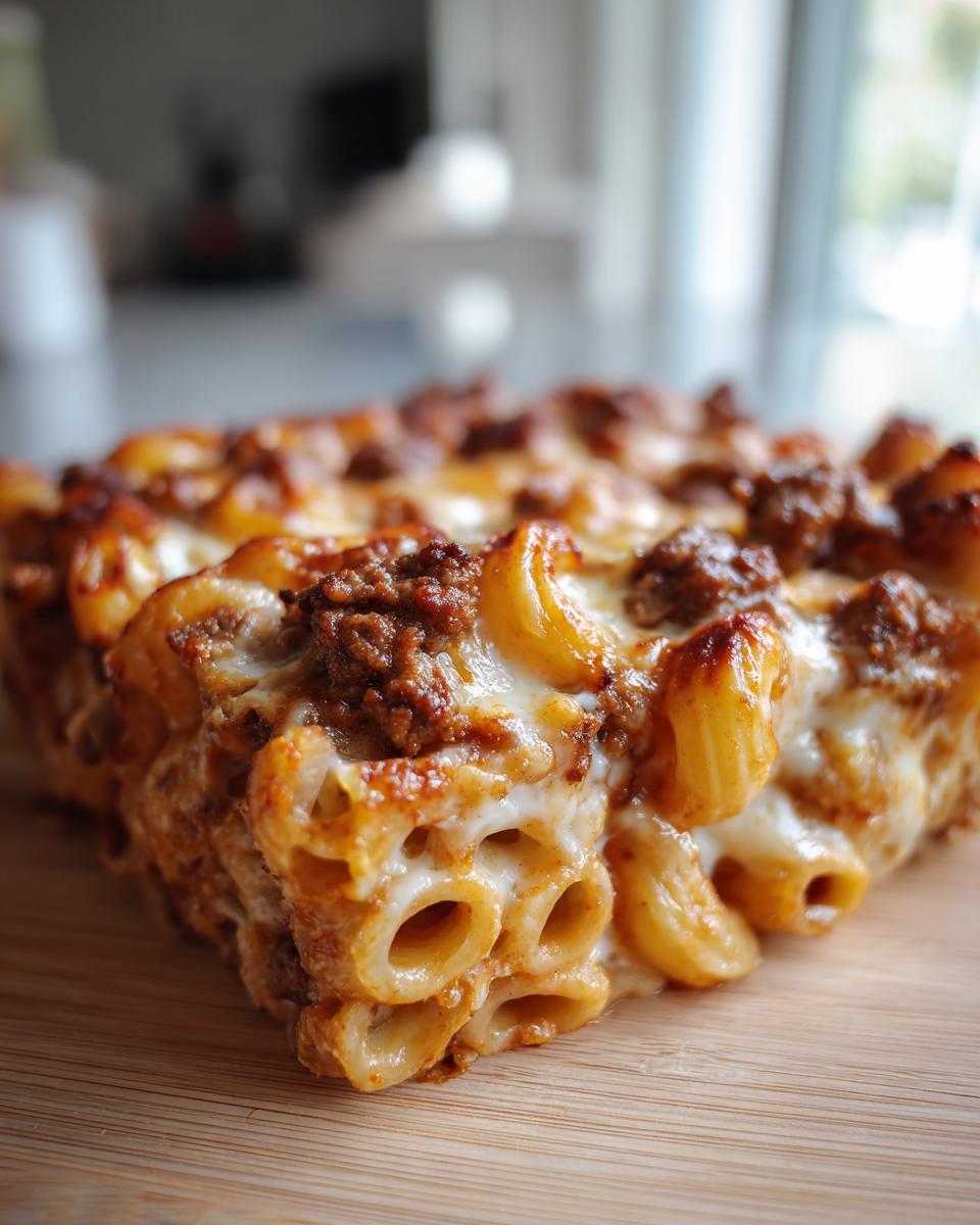 Nahaufnahme eines saftigen Stücks Cremiger Rahmnudel-Hack-Auflauf mit Gouda, goldbraun gebacken.