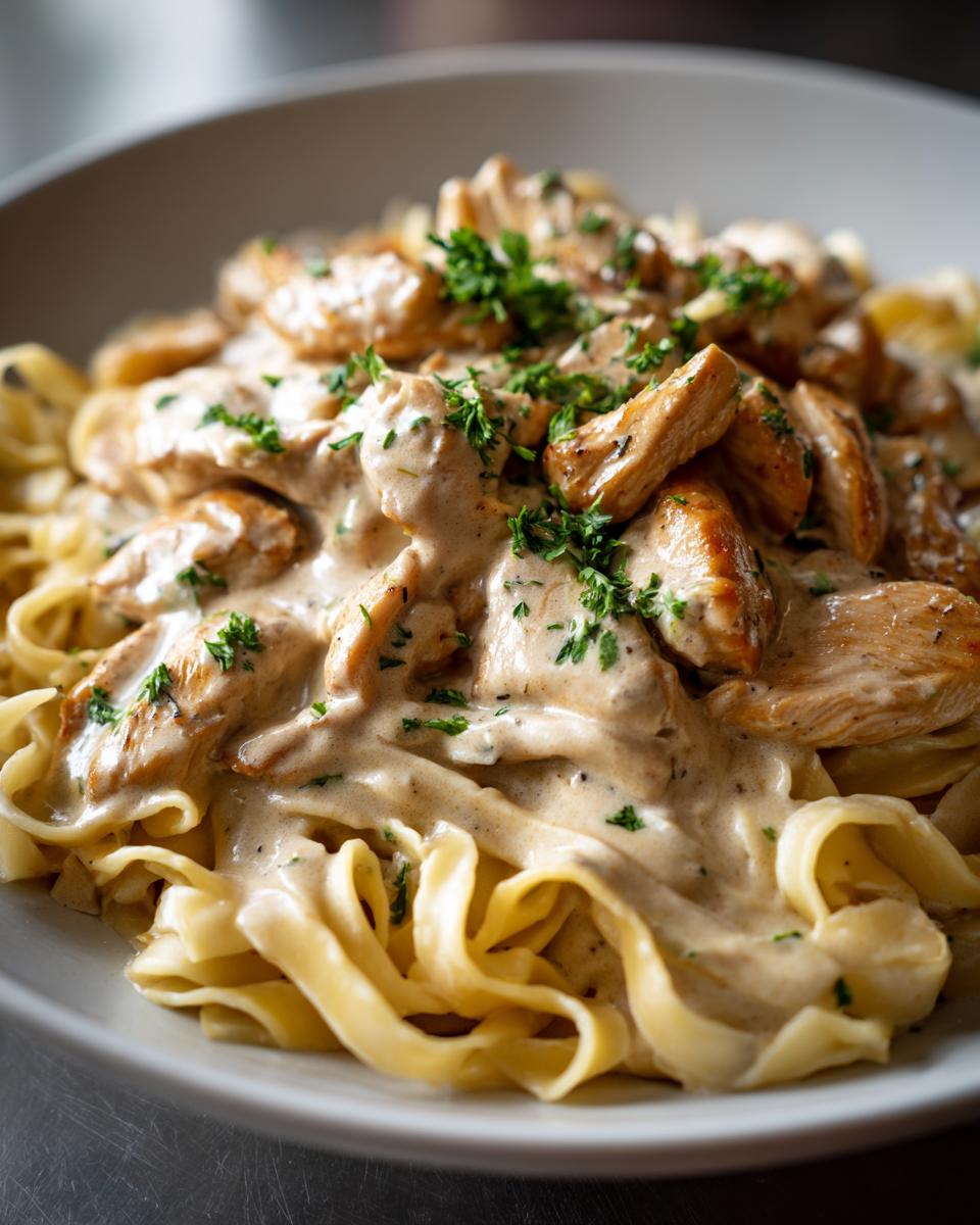 Nahaufnahme von Cremiges Hähnchenrahm-Geschnetzeltes mit breiten Bandnudeln, übergossen mit cremiger Soße und Petersilie.