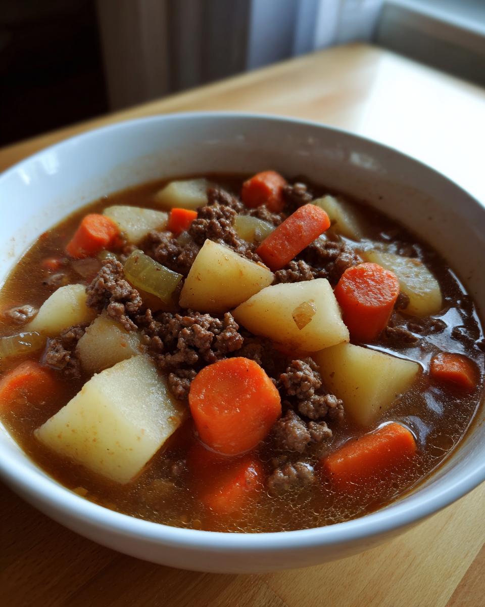 Nahaufnahme einer Schüssel mit deftigem Bauerntopf mit Hackfleisch, Kartoffelstücken und Karotten in würziger Brühe.