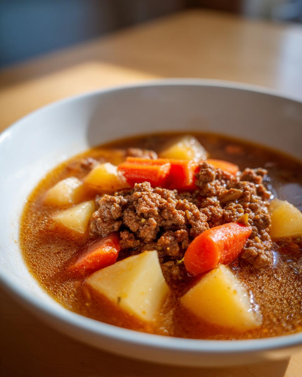 Eine Nahaufnahme von einer Portion deftiger Bauerntopf mit Hackfleisch und Kartoffeln in einer weißen Schüssel, dampfend heiß.