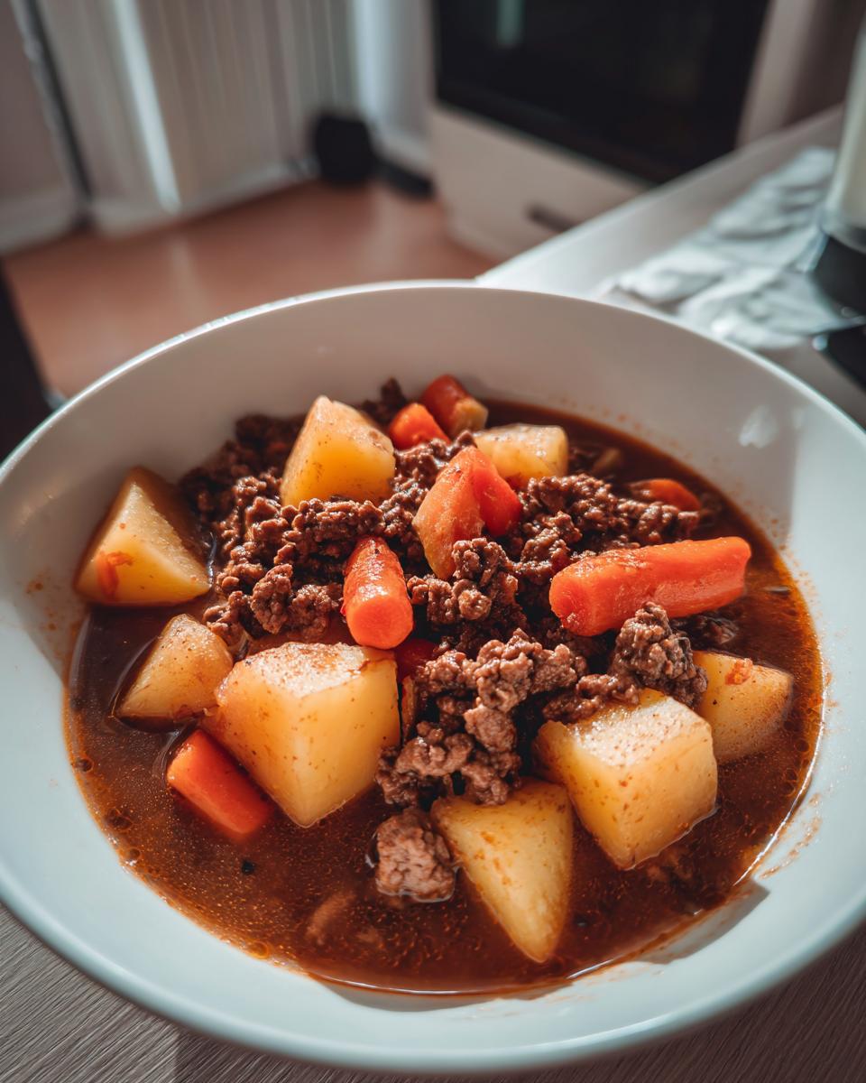 Nahaufnahme einer Schüssel mit deftigem Bauerntopf mit Hackfleisch und Kartoffeln in dunkler Soße.