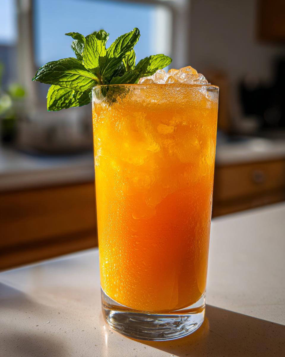 Ein hohes Glas mit leuchtend oranger Melonen-Limonade, gefüllt mit Crushed Ice und garniert mit frischer Minze.