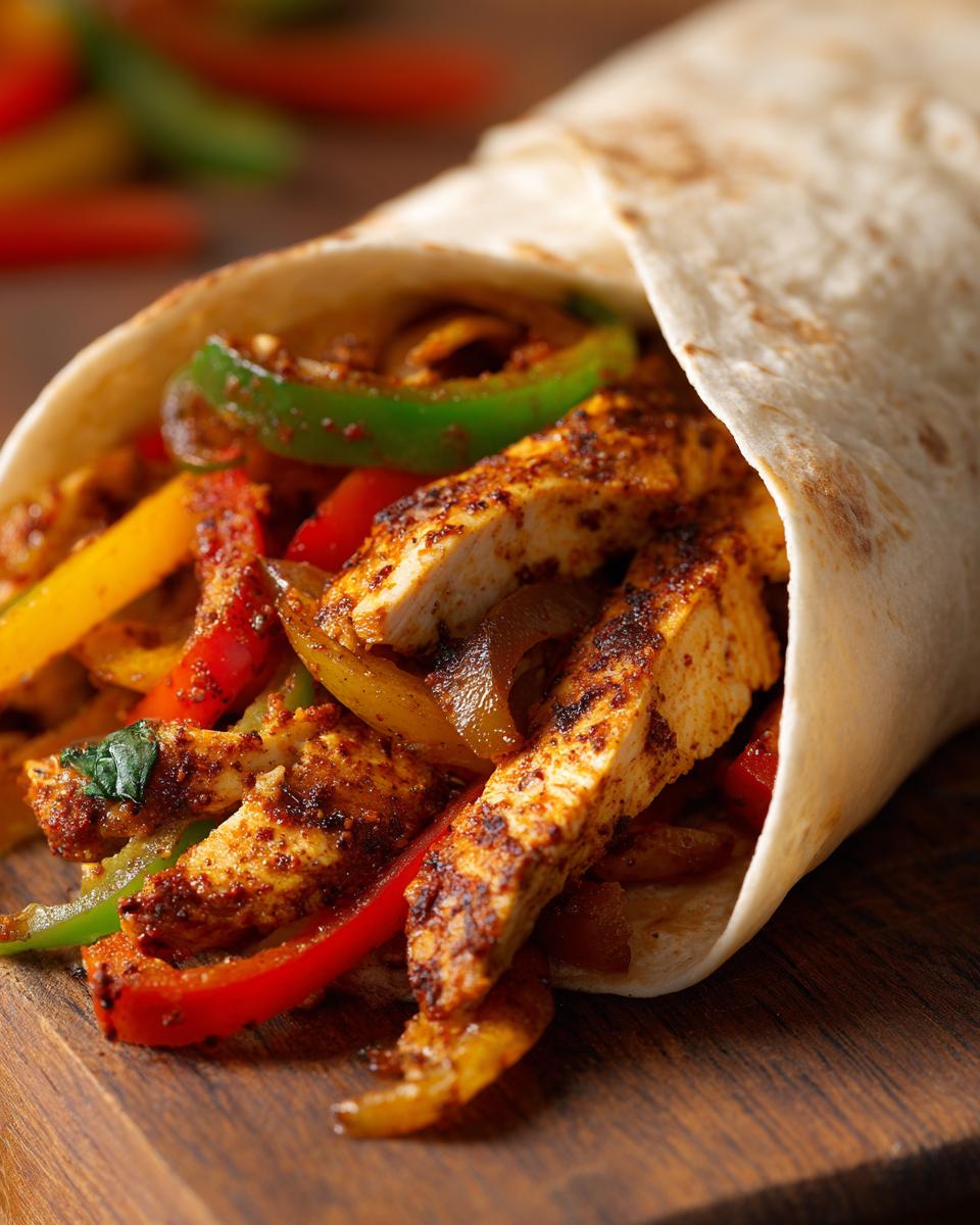 Nahaufnahme eines aufgeschnittenen Fajita-Wrap mit Hähnchenstreifen und bunten Paprika-Streifen.