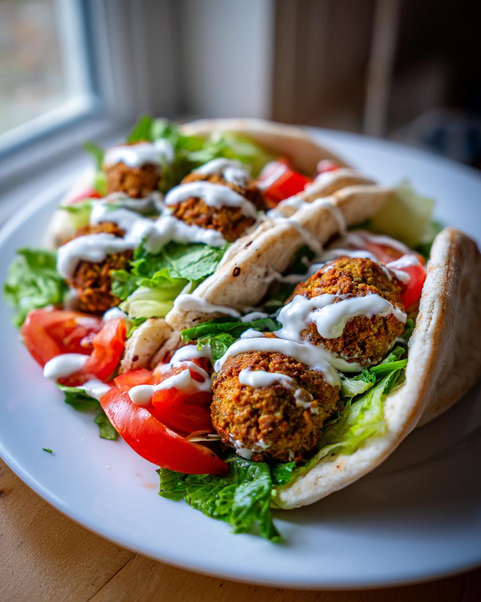 Nahaufnahme einer gefüllten Falafel-Pita mit knusprigen Falafelbällchen, Salat, Tomaten und reichlich Joghurtsauce.